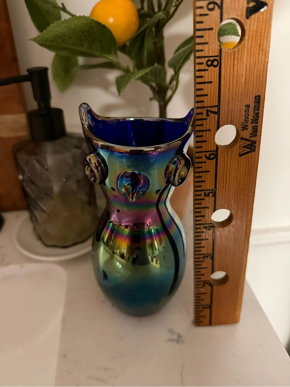 Vintage 1972 Signed Gibson Art Glass Cobalt Blue Carnival Glass Owl Vase